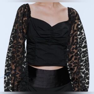 Zara Leopard Print Organza Sleeve Crop Top, Size Medium